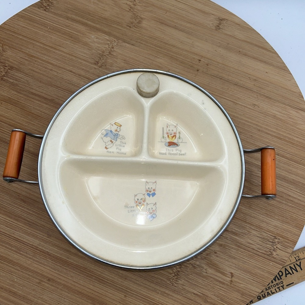 Excello Hot Water Baby Food Warming Dish Divided 3 Little Pigs USA Vintage 1940s